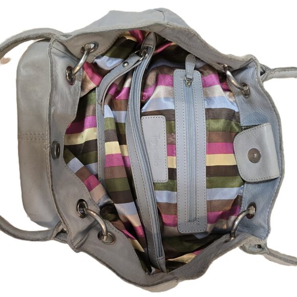 Tignanello Gray Leather Tote Bucket Bag With Striped Interior Double Handles - Picture 6 of 13
